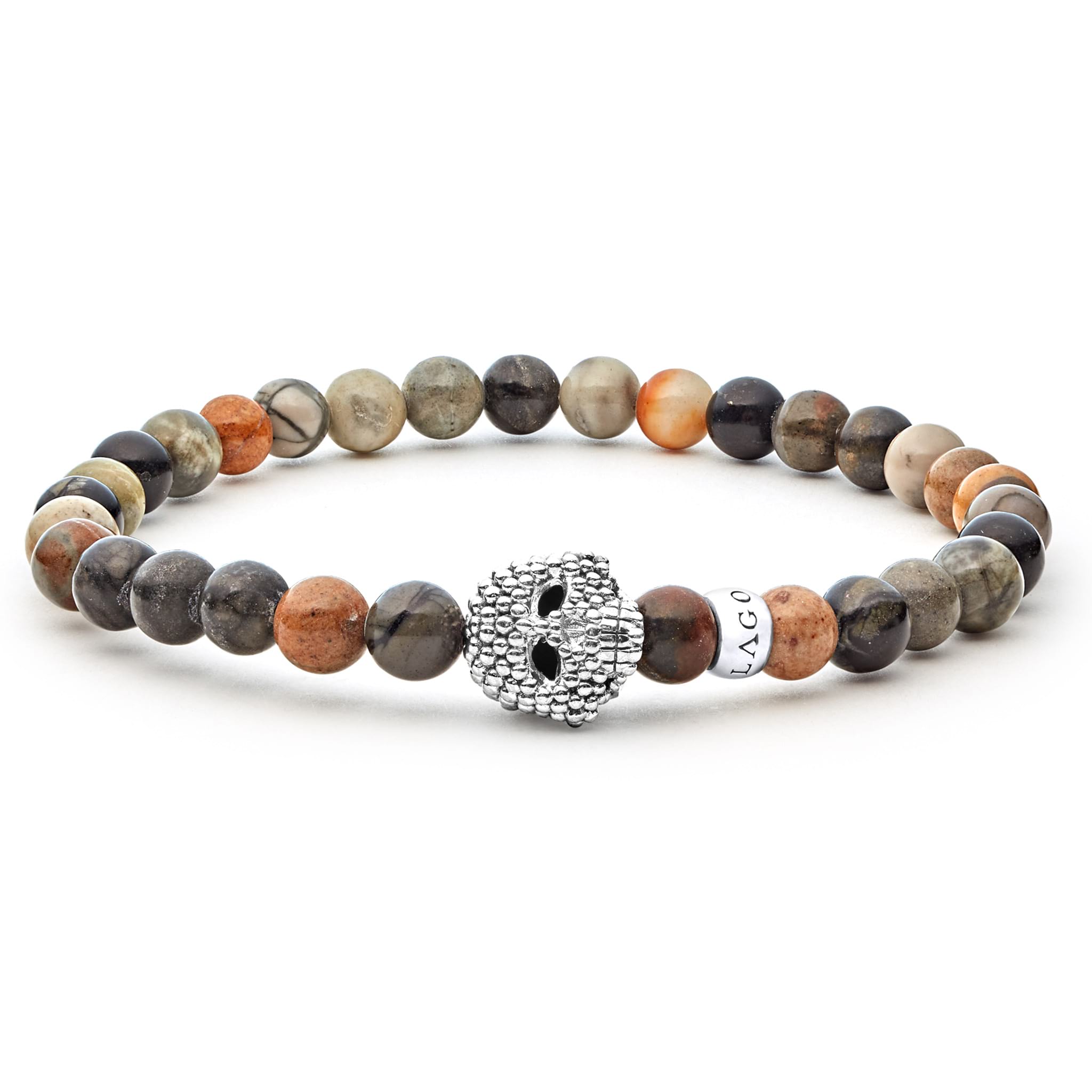 Picasso jasper gemstone beaded bracelet with a sterling silver Caviar skull.