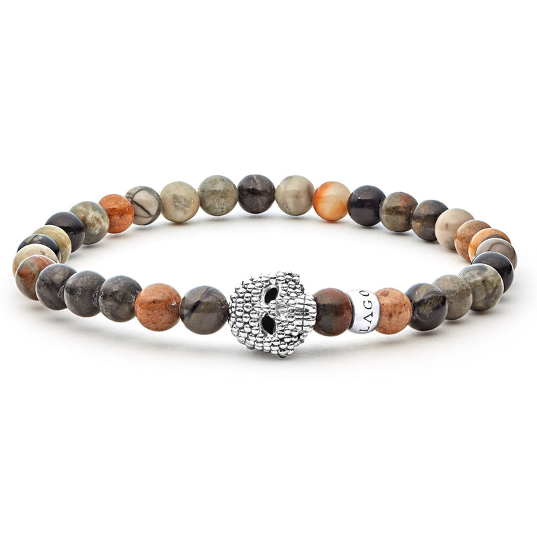 Picasso jasper gemstone beaded bracelet with a sterling silver Caviar skull.