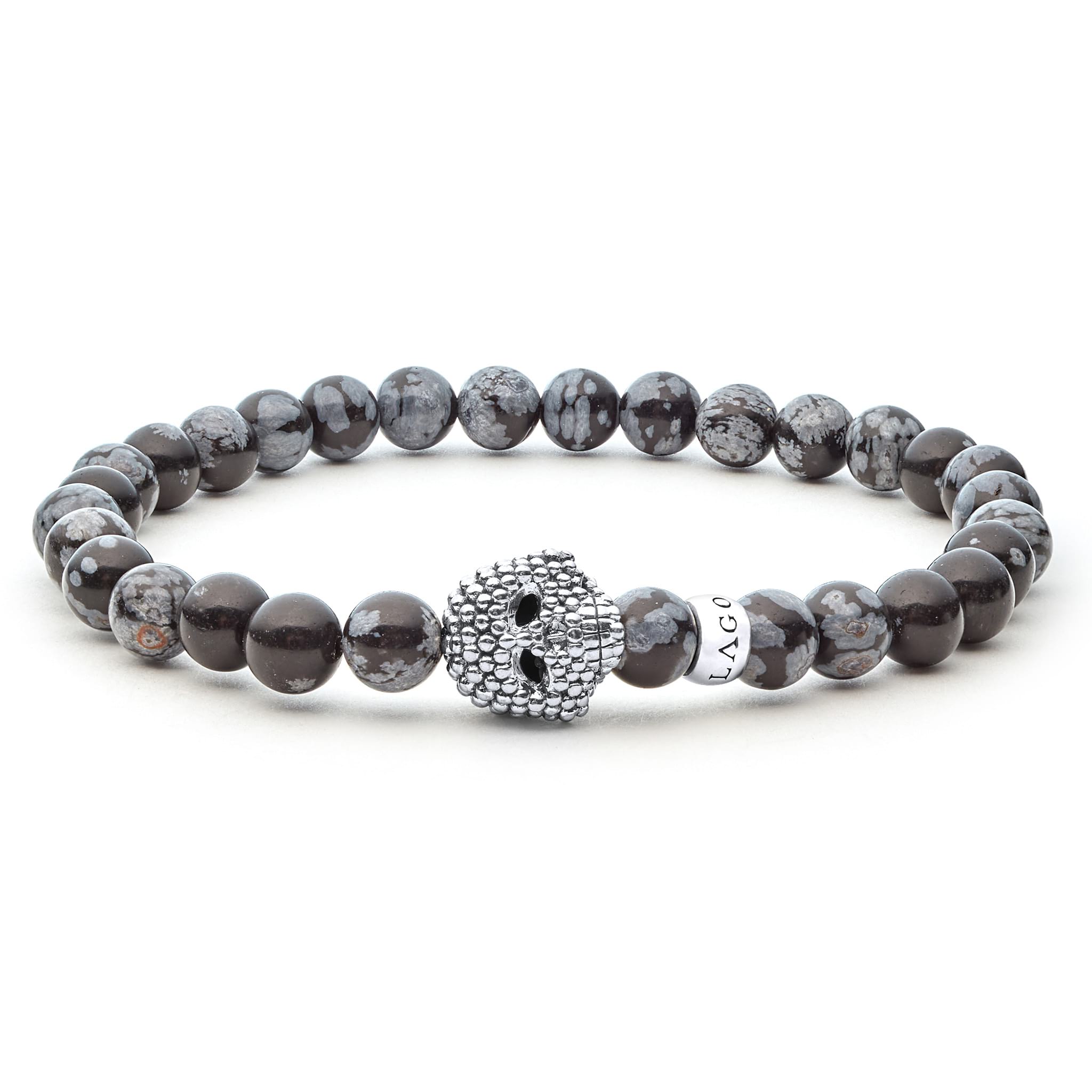 Snowflake obsidian gemstone beaded bracelet with a sterling silver Caviar skull.