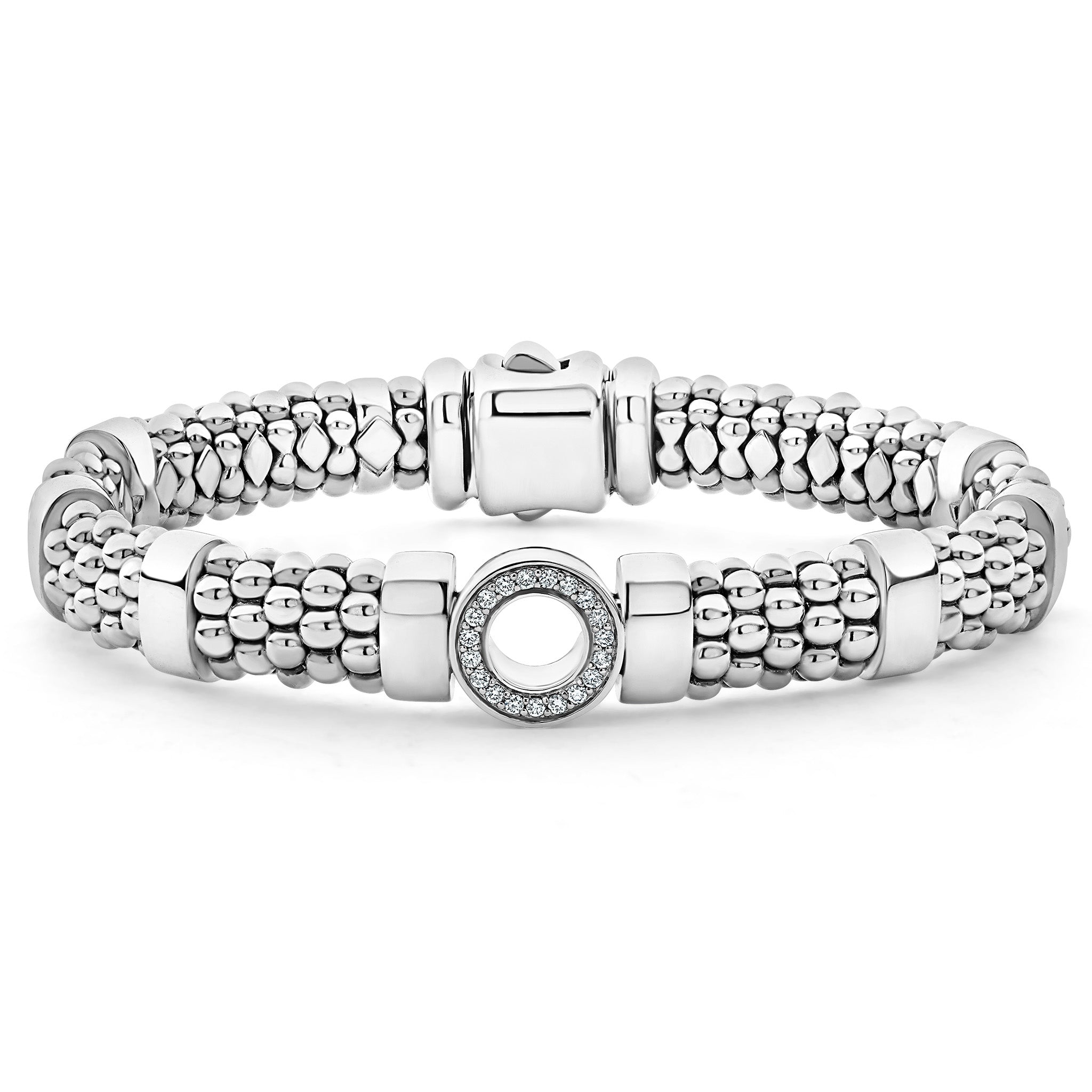 A sterling silver bracelet with one diamond circle station. LAGOS diamonds are the highest quality natural stones.