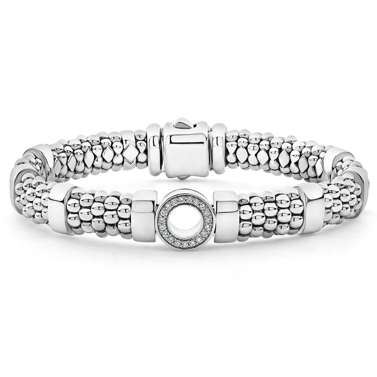 A sterling silver bracelet with one diamond circle station. LAGOS diamonds are the highest quality natural stones.