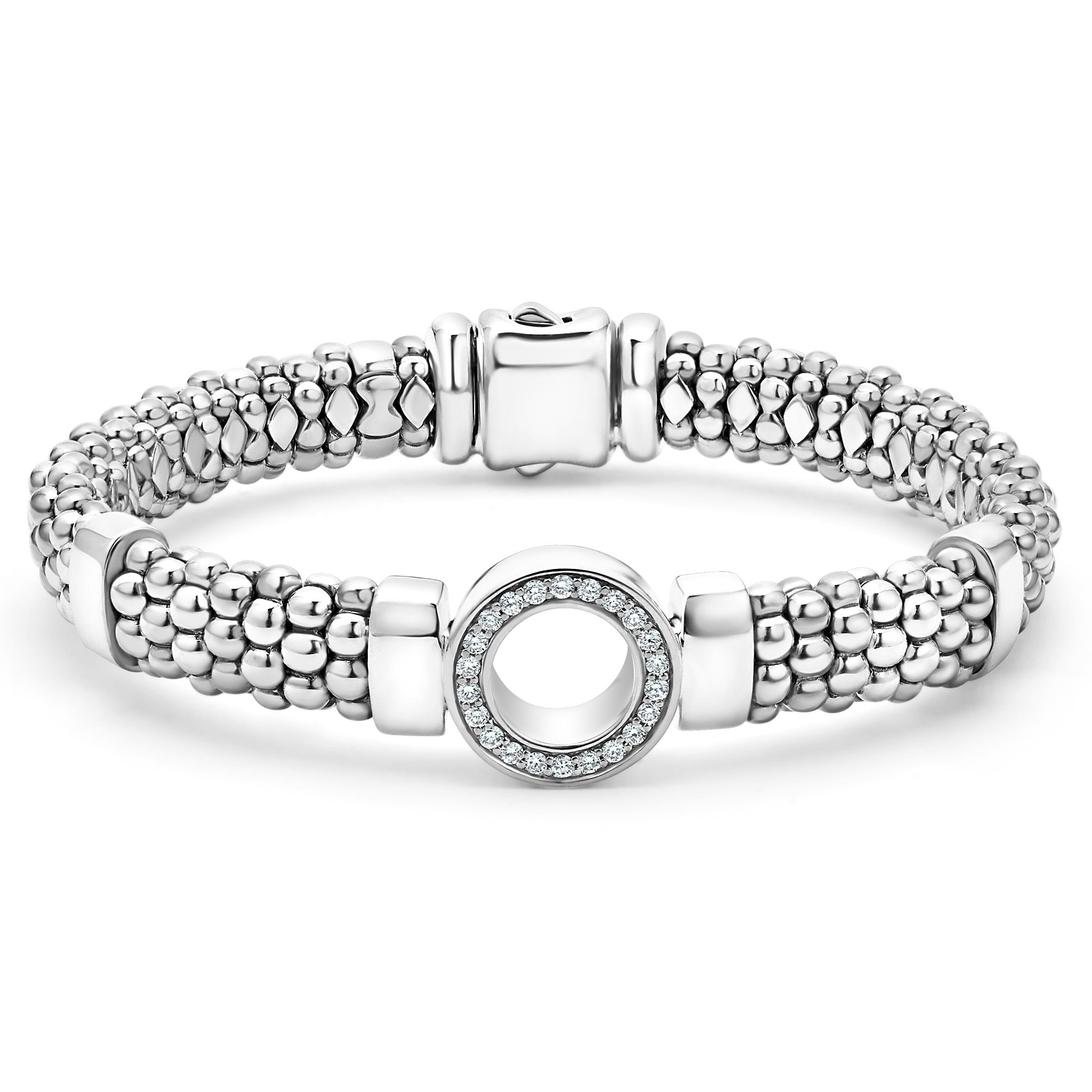 A sterling silver bracelet with one large diamond circle station. LAGOS diamonds are the highest quality natural stones.