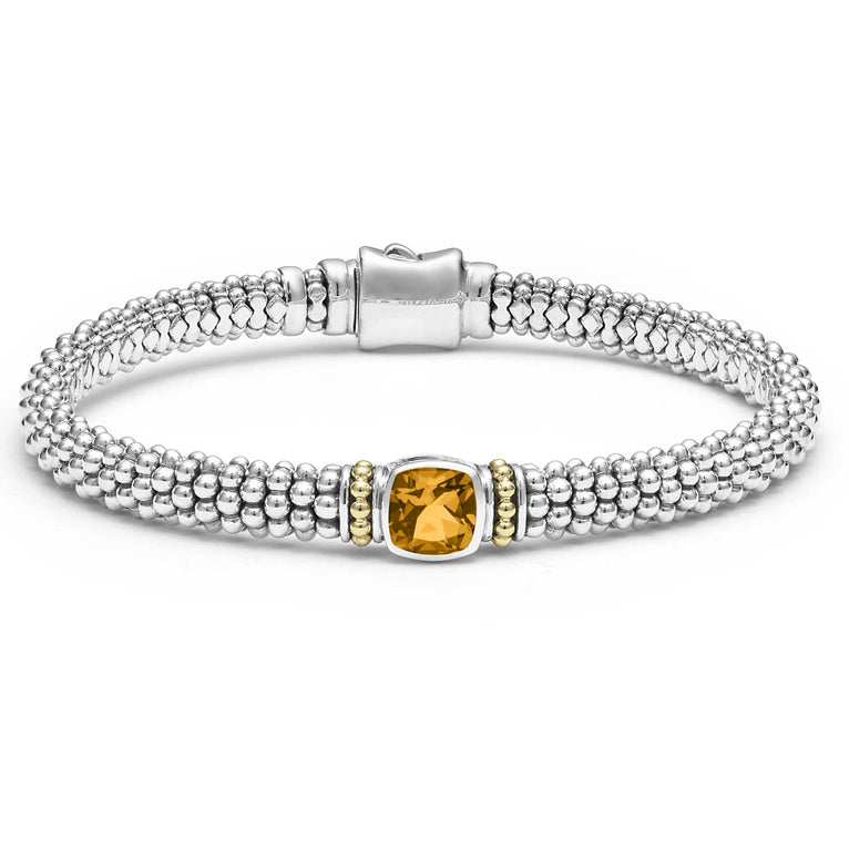 A citrine gemstone and sterling silver Caviar beading with 18K gold detailing forms this bracelet.