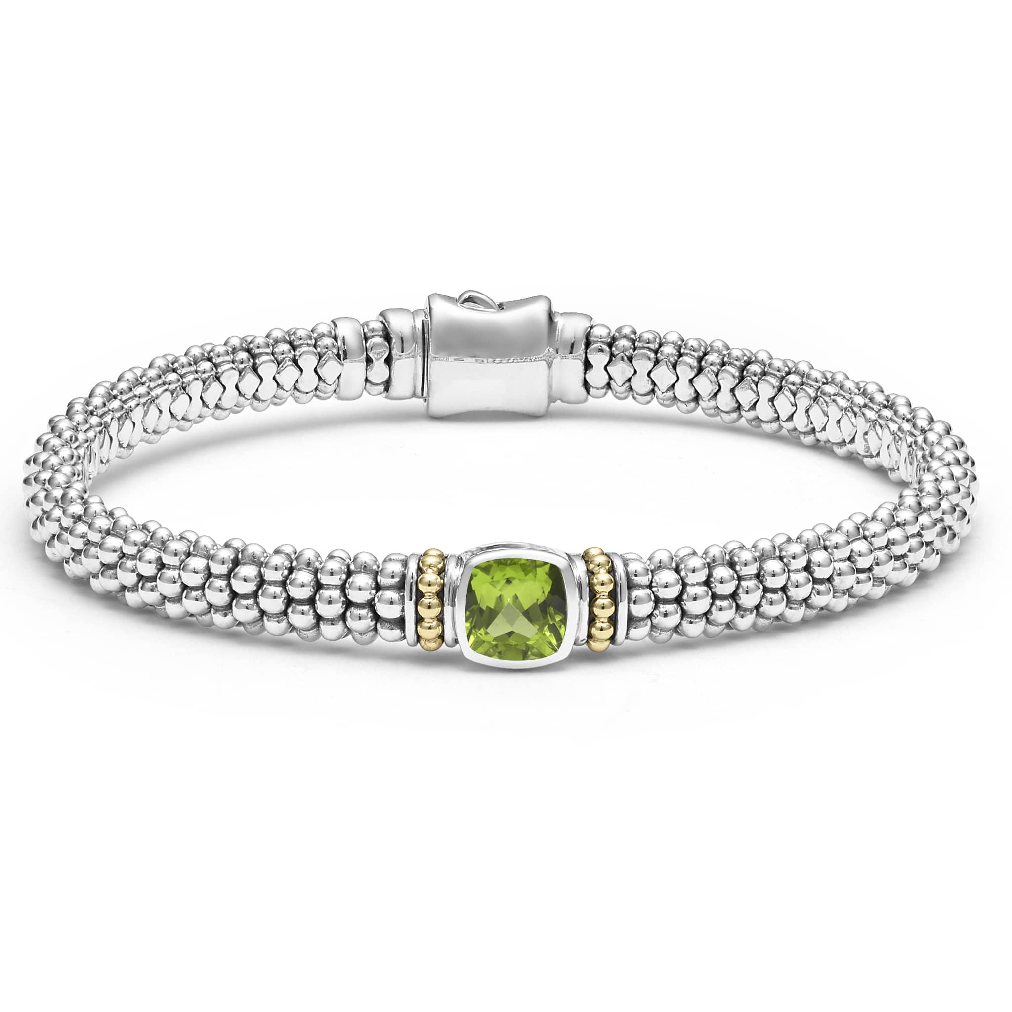 A peridot gemstone and sterling silver Caviar beading with 18K gold detailing forms this bracelet.