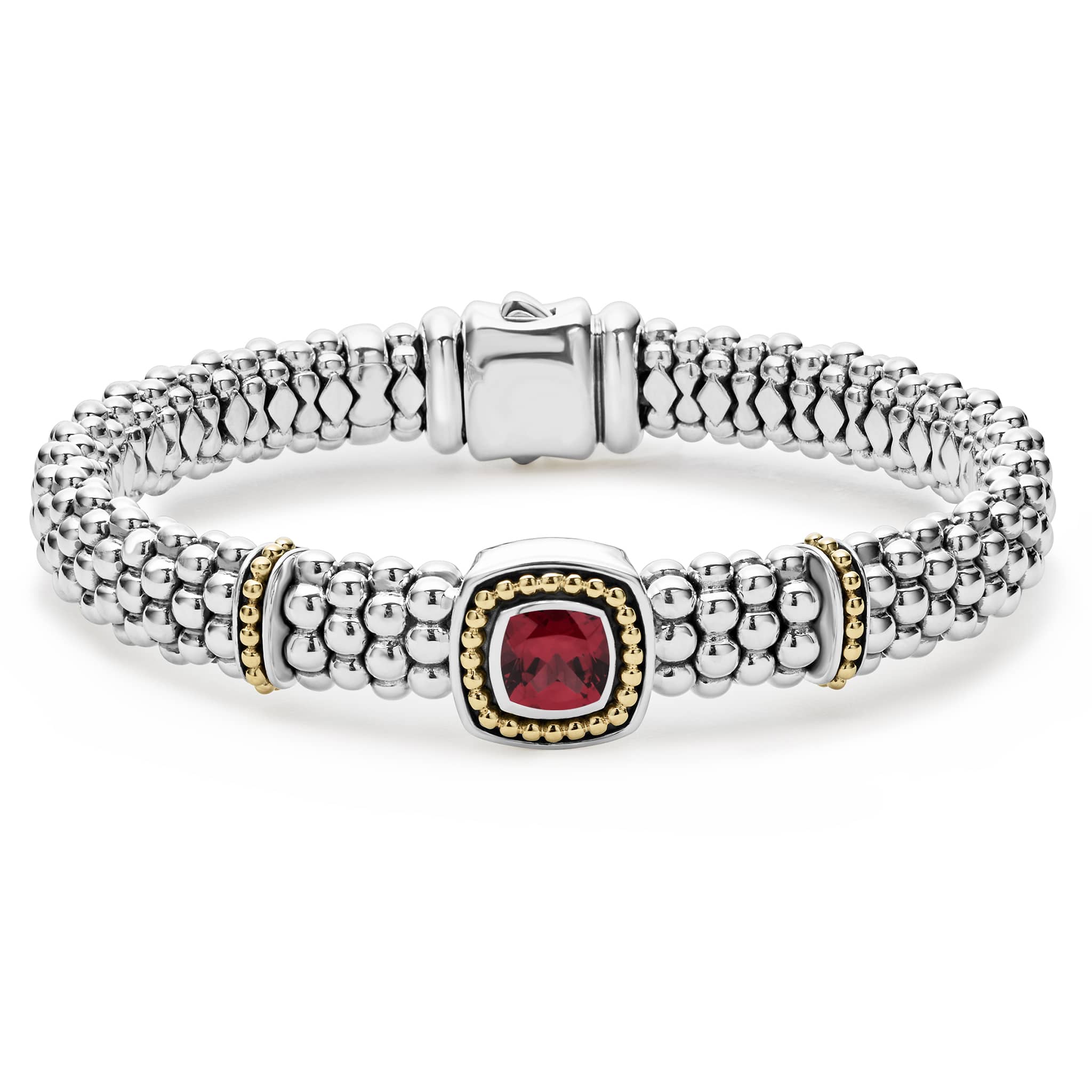 A rhodolite garnet gemstone and sterling silver Caviar beading with 18K gold detailing forms this bracelet.
