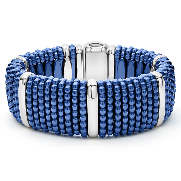 An ultramarine ceramic Caviar bracelet detailed with five smooth sterling silver stations and finished with a double-button box clasp with the LAGOS crest in 18K gold.