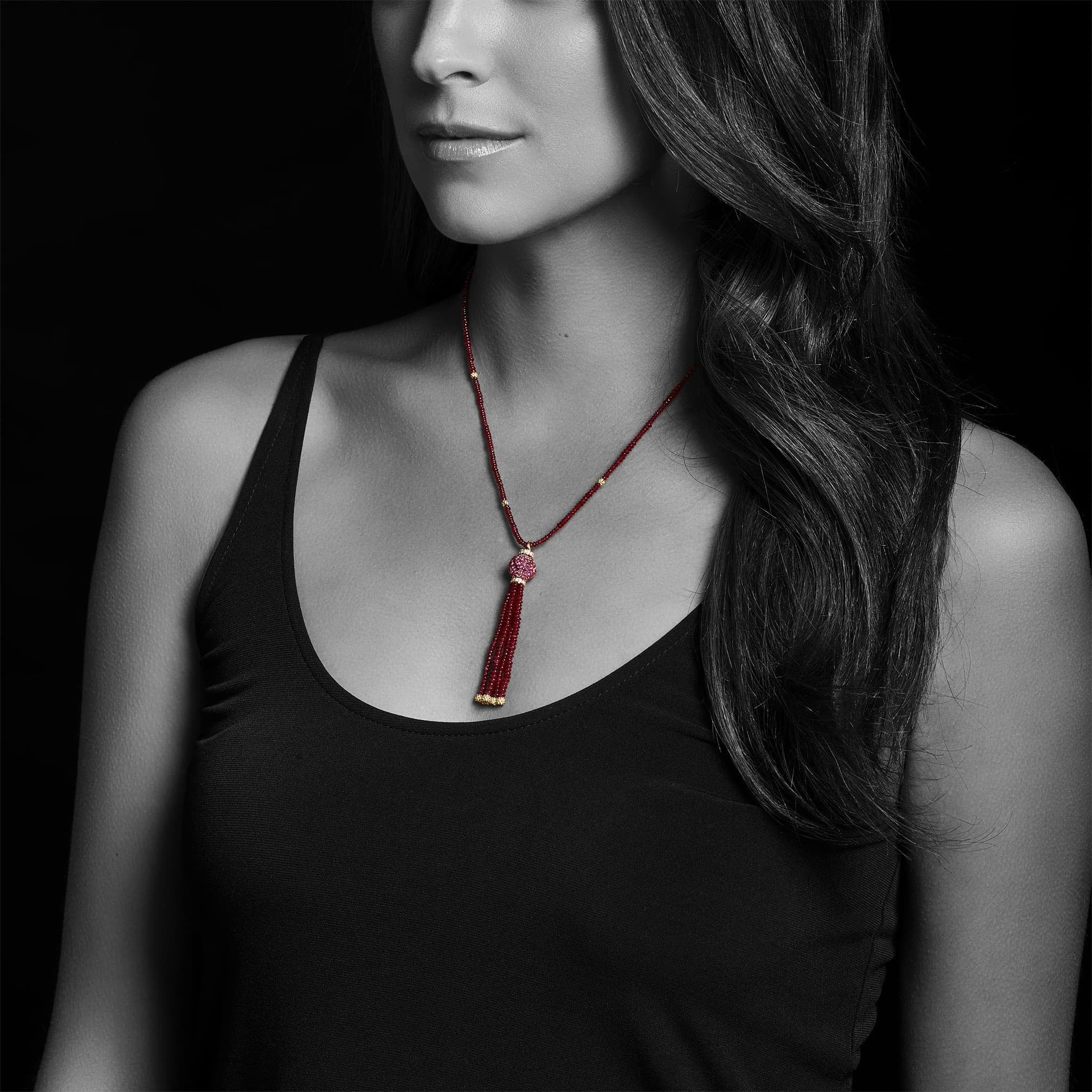 Caviar Gold Ruby Tassel Pendant Necklace
