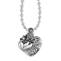 A sterling silver heart pendant which showcases architectural and cultural icons of Las Vegas finished on a ball chain necklace.