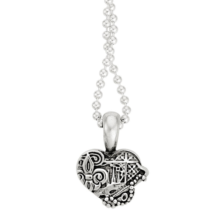 A sterling silver heart which showcases architectural landmarks and cultural icons of New Orleans finished on a ball chain necklace.