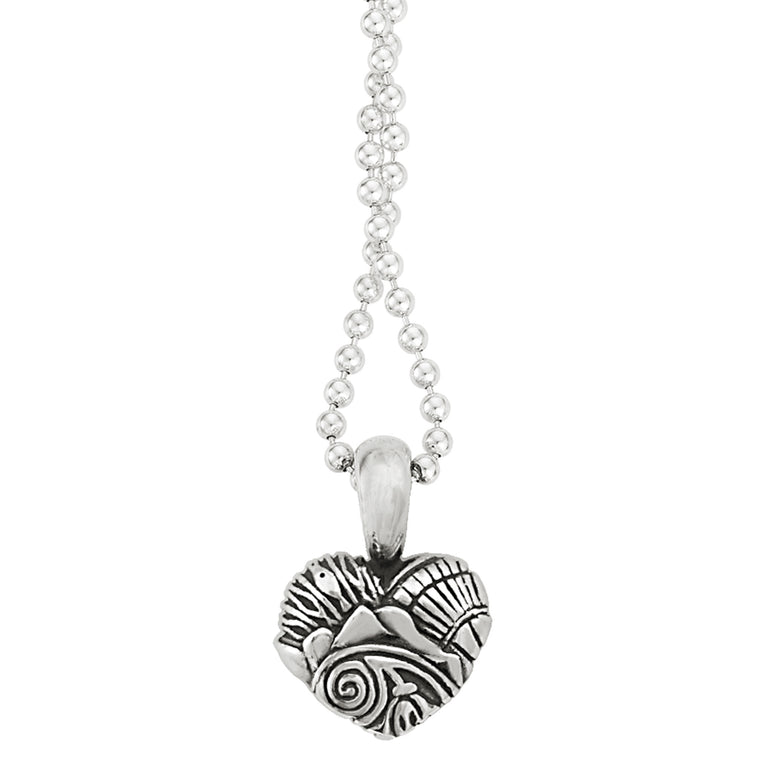 A sterling silver heart pendant detailing architectural and cultural icons of Seattle finished on a sterling silver ball chain.