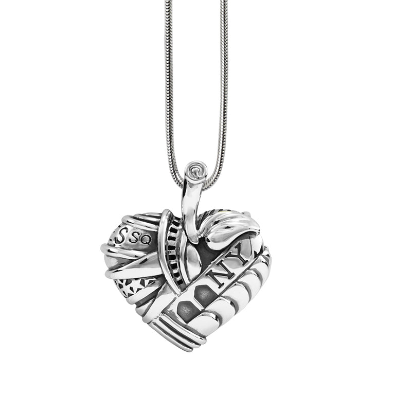 Celebrate the 'Big Apple' with the Empire State Building, the Chrysler Building and Times Square detailed in sterling silver on this large pendant. Finished on a snake chain.