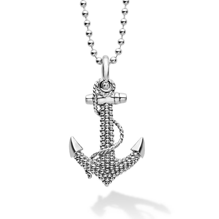 A sterling silver Caviar beaded anchor pendant finished on a versatile sterling silver ball chain necklace.
