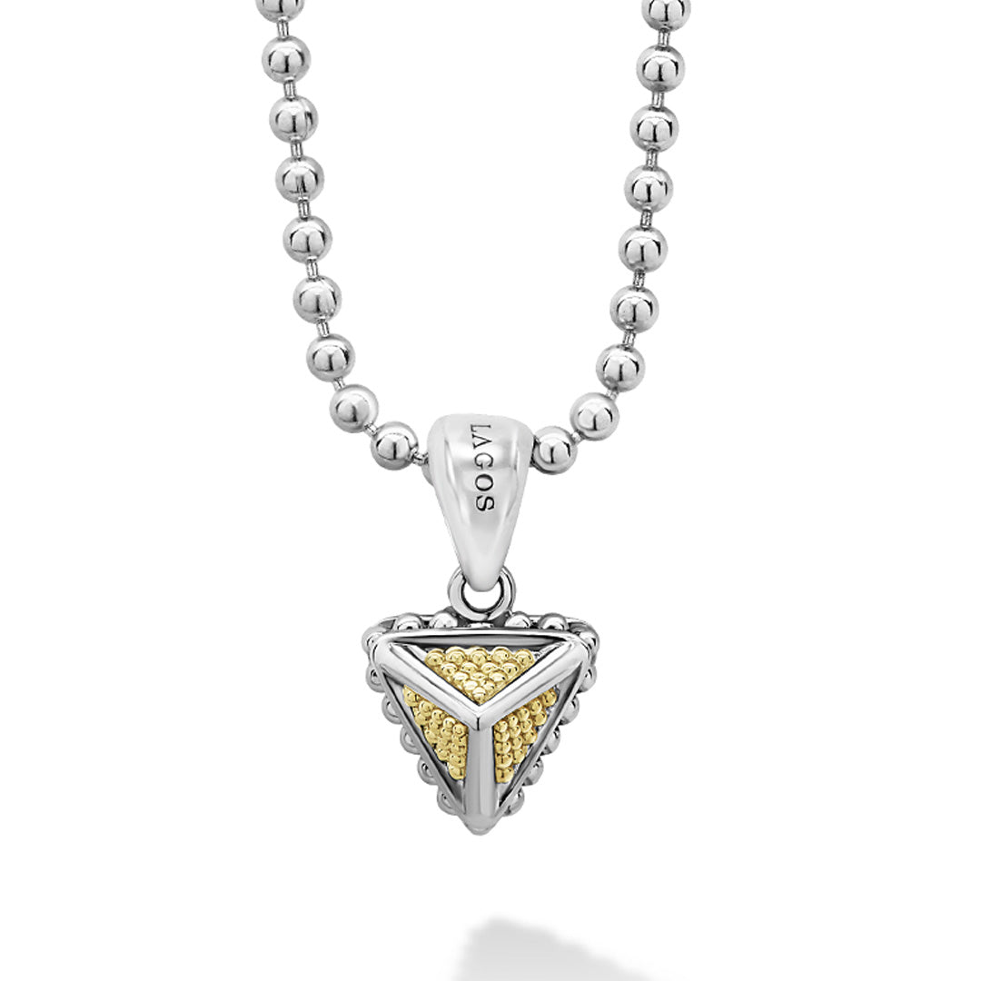 An 18K gold Caviar pyramid forms this pendant on a sterling silver ball chain necklace.