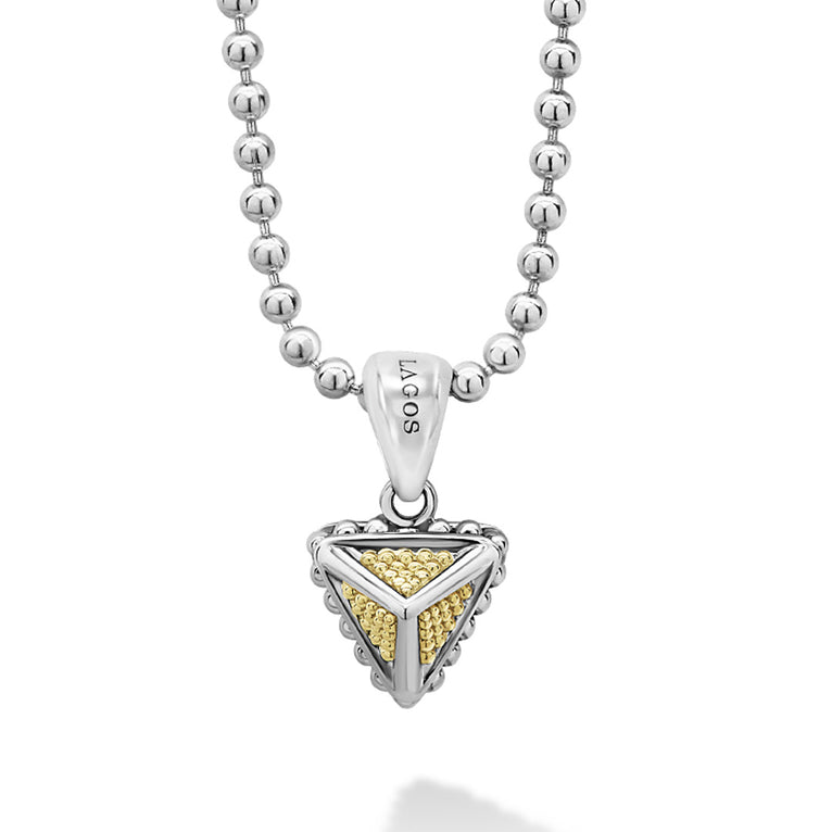 An 18K gold Caviar pyramid forms this pendant on a sterling silver ball chain necklace.