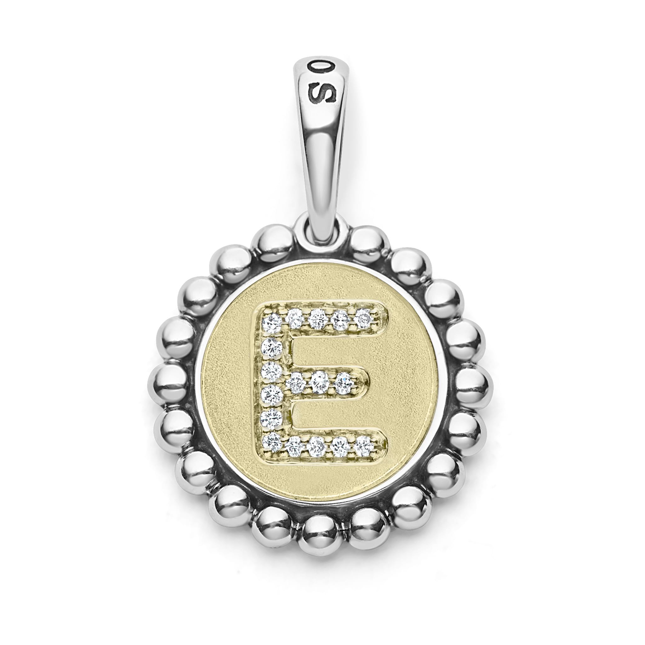 A LAGOS exclusive. Our Signature Caviar sterling silver and 18K gold initial 'E' charm accented with diamonds. Charm can only be paired with chains 04-80756-ML, 04-80549-ML, 04-80946-ML or 04-10534-ML. Chain sold separately. LAGOS diamonds are the hi