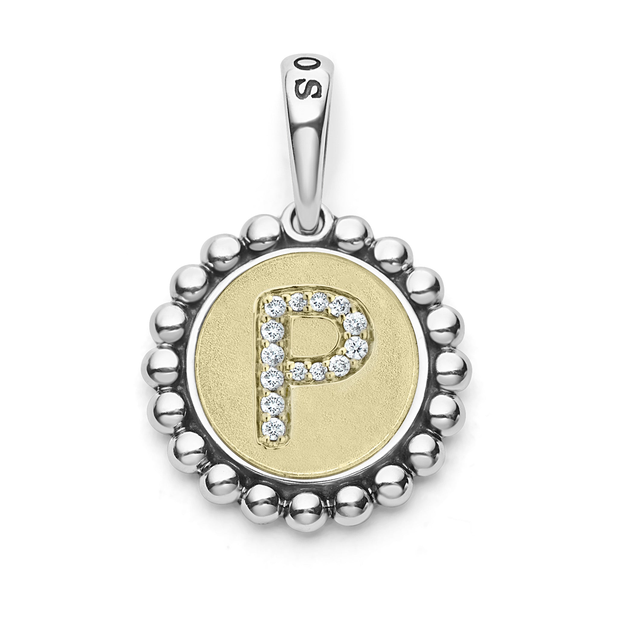 A LAGOS exclusive. Our Signature Caviar sterling silver and 18K gold initial 'P' charm accented with diamonds. Charm can only be paired with chains 04-80756-ML, 04-80549-ML, 04-80946-ML or 04-10534-ML. Chain sold separately. LAGOS diamonds are the hi