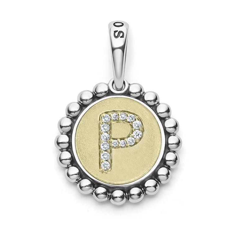 A LAGOS exclusive. Our Signature Caviar sterling silver and 18K gold initial 'P' charm accented with diamonds. Charm can only be paired with chains 04-80756-ML, 04-80549-ML, 04-80946-ML or 04-10534-ML. Chain sold separately. LAGOS diamonds are the hi