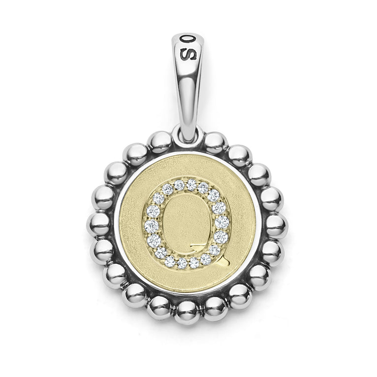 A LAGOS exclusive. Our Signature Caviar sterling silver and 18K gold initial 'Q' charm accented with diamonds. Charm can only be paired with chains 04-80756-ML, 04-80549-ML, 04-80946-ML or 04-10534-ML. Chain sold separately. LAGOS diamonds are the hi
