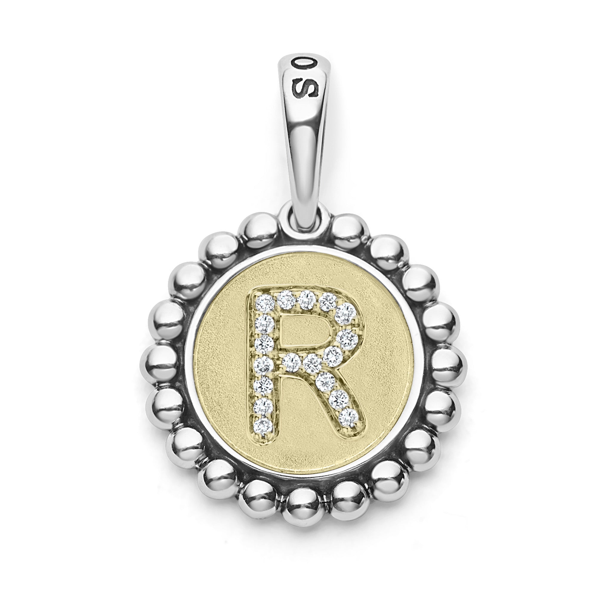 A LAGOS exclusive. Our Signature Caviar sterling silver and 18K gold initial 'R' charm accented with diamonds. Charm can only be paired with chains 04-80756-ML, 04-80549-ML, 04-80946-ML or 04-10534-ML. Chain sold separately. LAGOS diamonds are the hi
