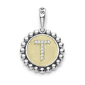 A LAGOS exclusive. Our Signature Caviar sterling silver and 18K gold initial 'T' charm accented with diamonds. Charm can only be paired with chains 04-80756-ML, 04-80549-ML, 04-80946-ML or 04-10534-ML. Chain sold separately. LAGOS diamonds are the hi