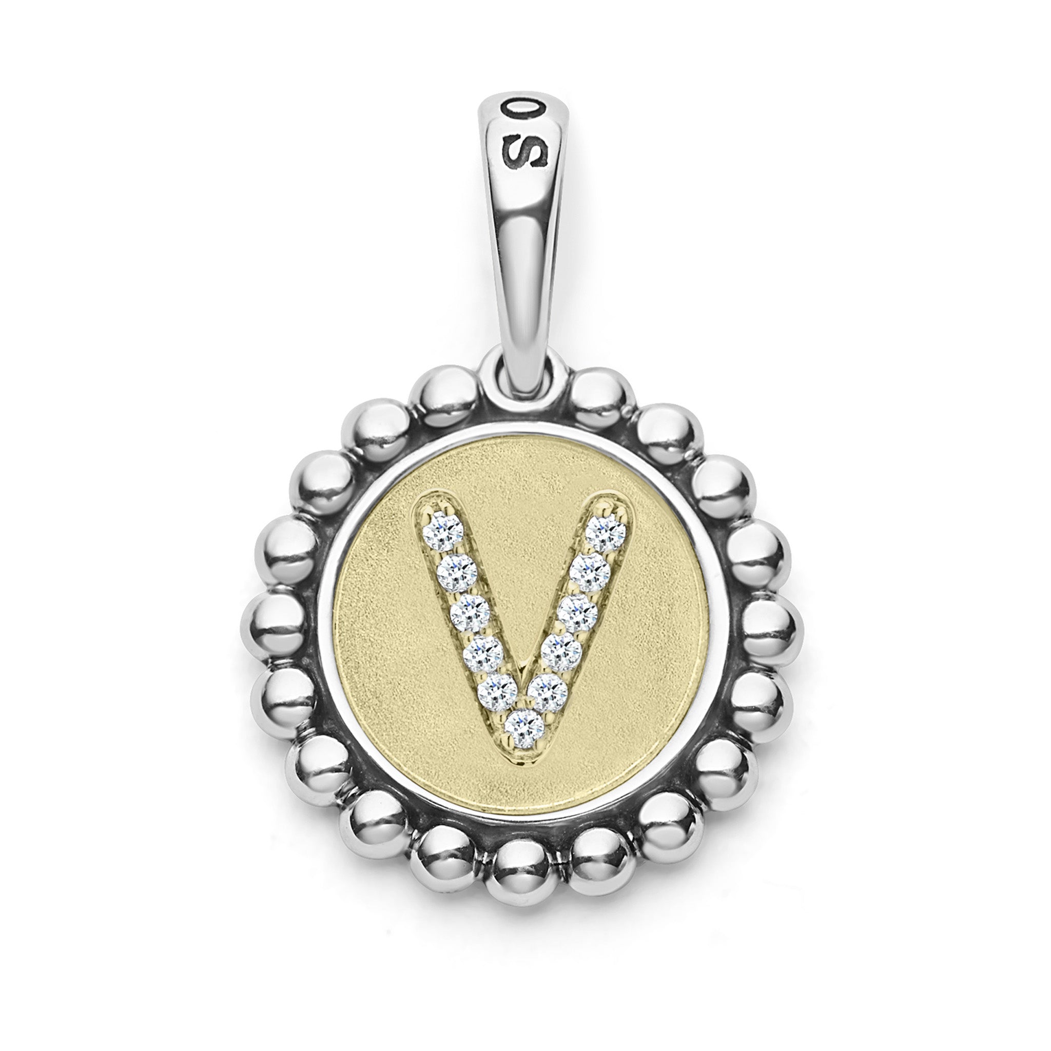 A LAGOS exclusive. Our Signature Caviar sterling silver and 18K gold initial 'V' charm accented with diamonds. Charm can only be paired with chains 04-80756-ML, 04-80549-ML, 04-80946-ML or 04-10534-ML. Chain sold separately. LAGOS diamonds are the hi