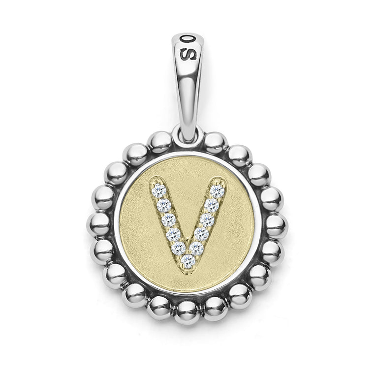 A LAGOS exclusive. Our Signature Caviar sterling silver and 18K gold initial 'V' charm accented with diamonds. Charm can only be paired with chains 04-80756-ML, 04-80549-ML, 04-80946-ML or 04-10534-ML. Chain sold separately. LAGOS diamonds are the hi