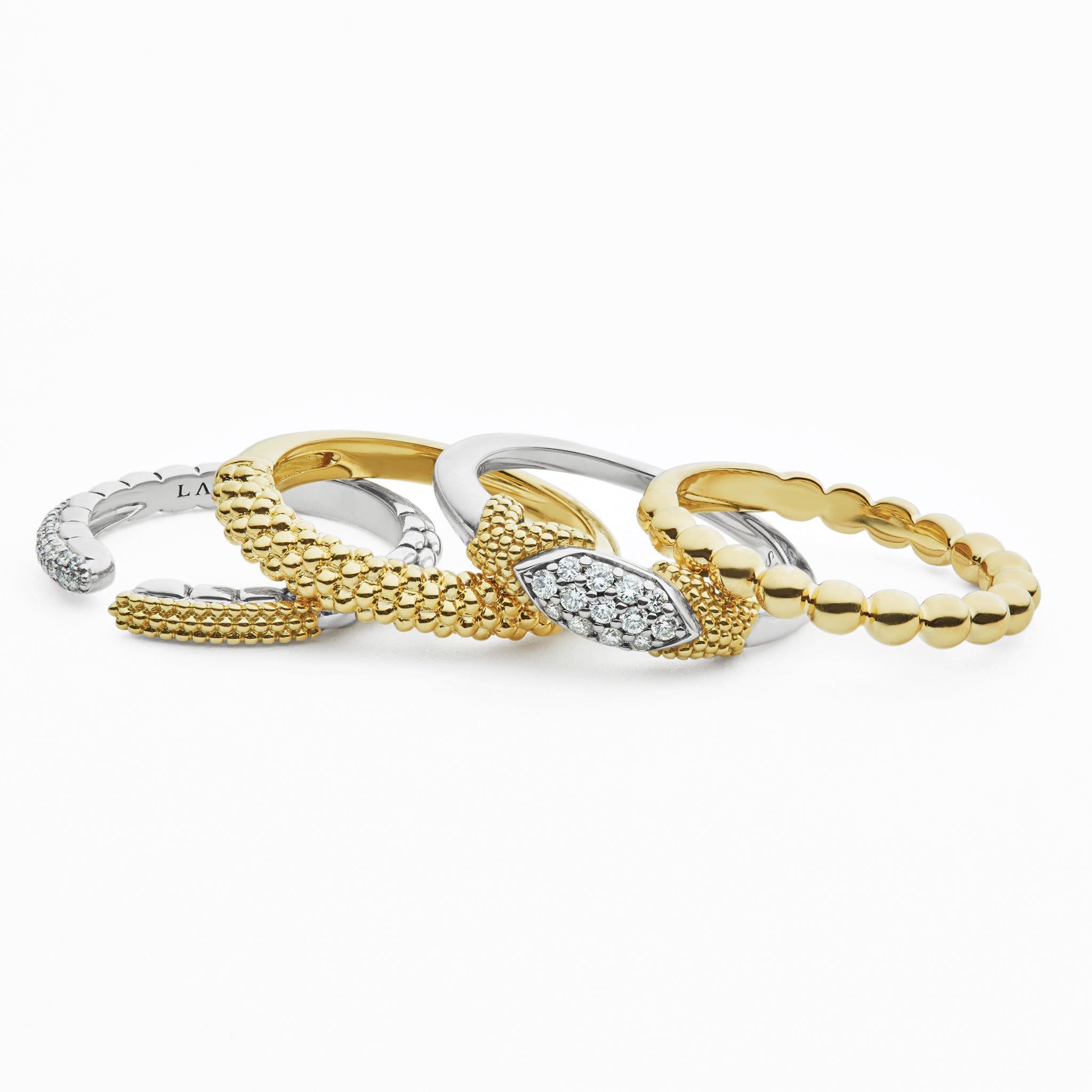 Four beautifully crafted Caviar Lux and Caviar Gold rings create the perfect stacking set. LAGOS diamonds are the highest quality natural stones. Sterling Silver and 18K Gold Rings available in sizes 6 to 8 Diamonds are G-H color and SI clarity