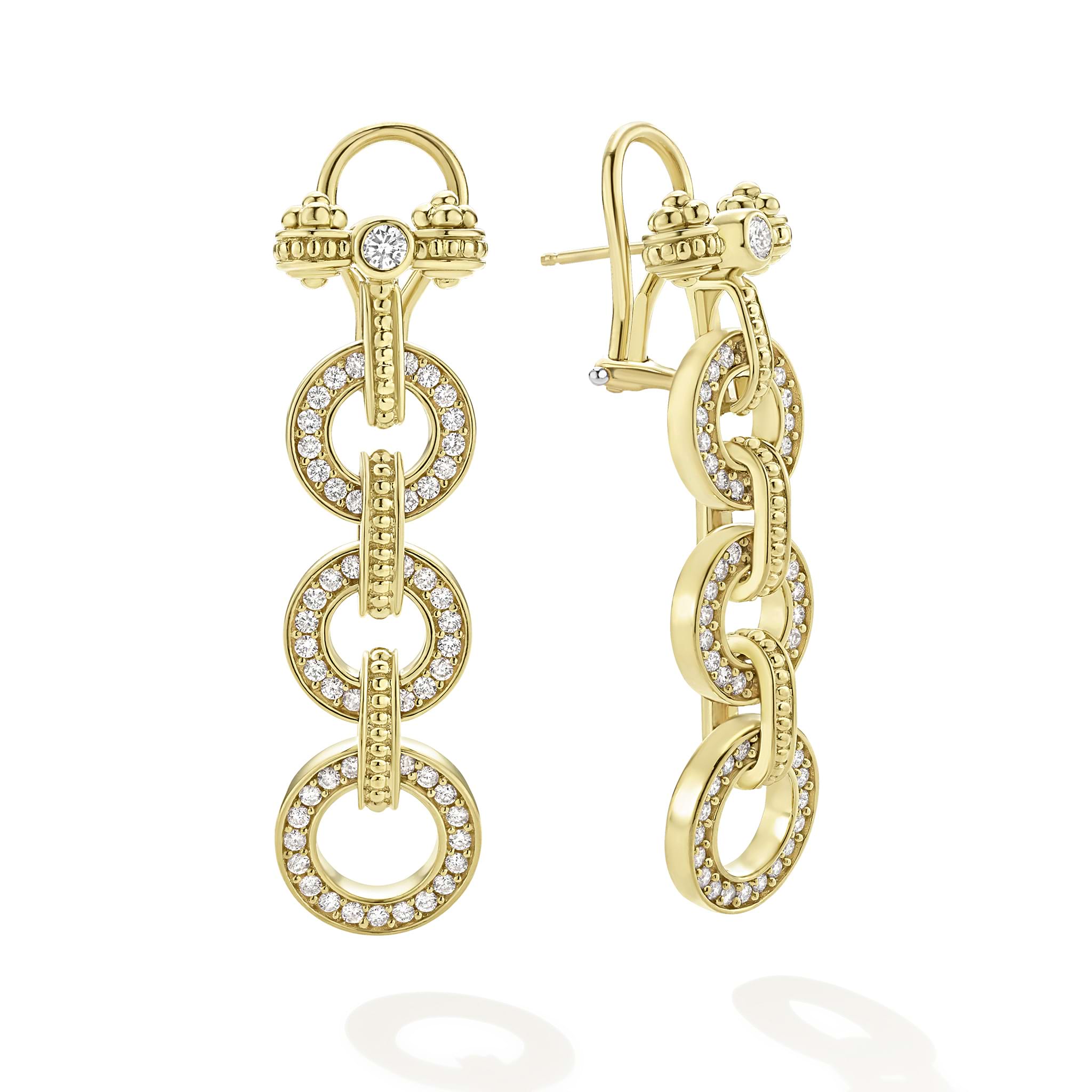 Pavé diamonds set in 18K gold with Caviar beaded accents form these circle shaped drop earrings. LAGOS diamonds are the highest quality natural stones.