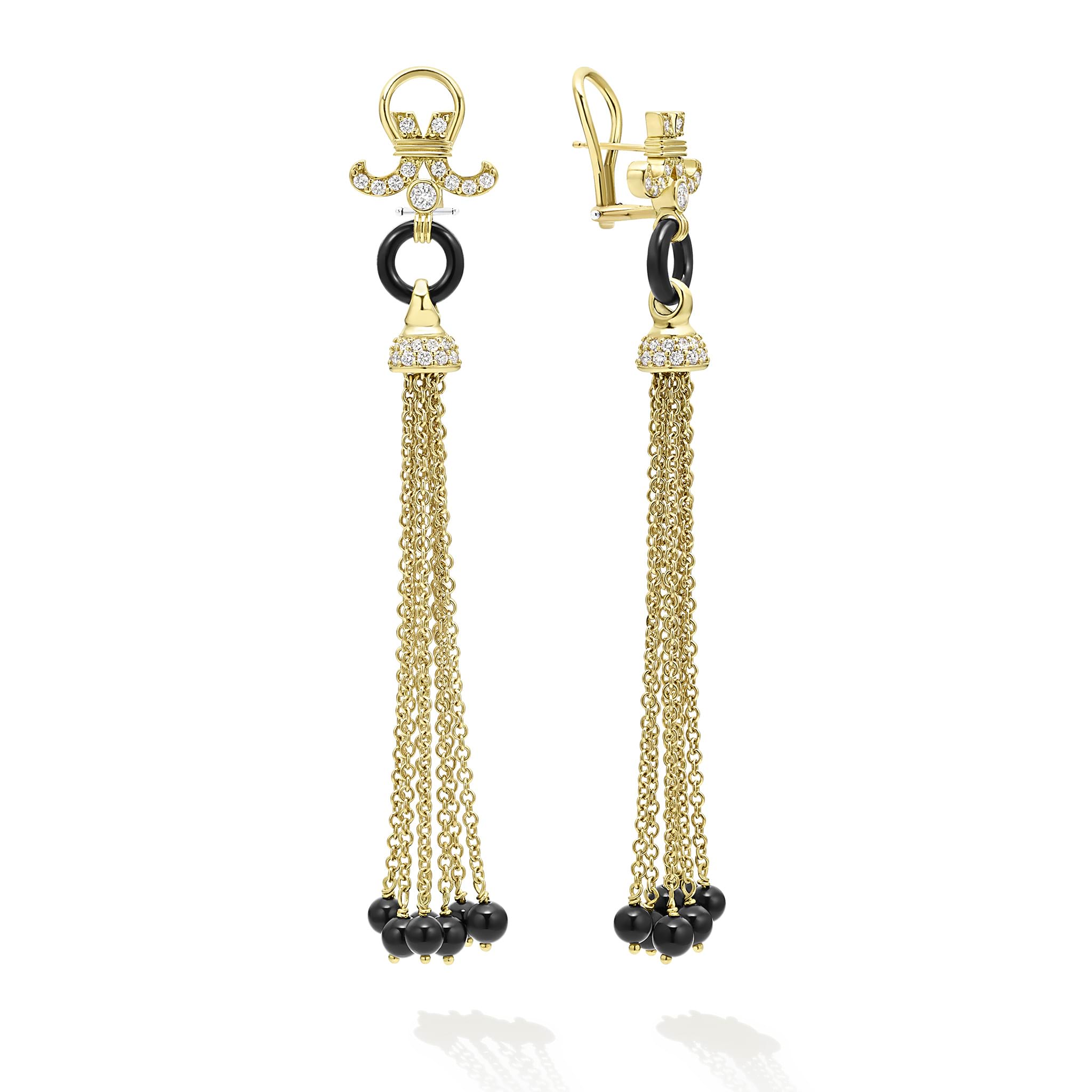 Crafted from 18K Caviar Gold, these earrings feature cascading tassels adorned with black agate sleek beads. Pave diamonds are added for a touch of brilliance.