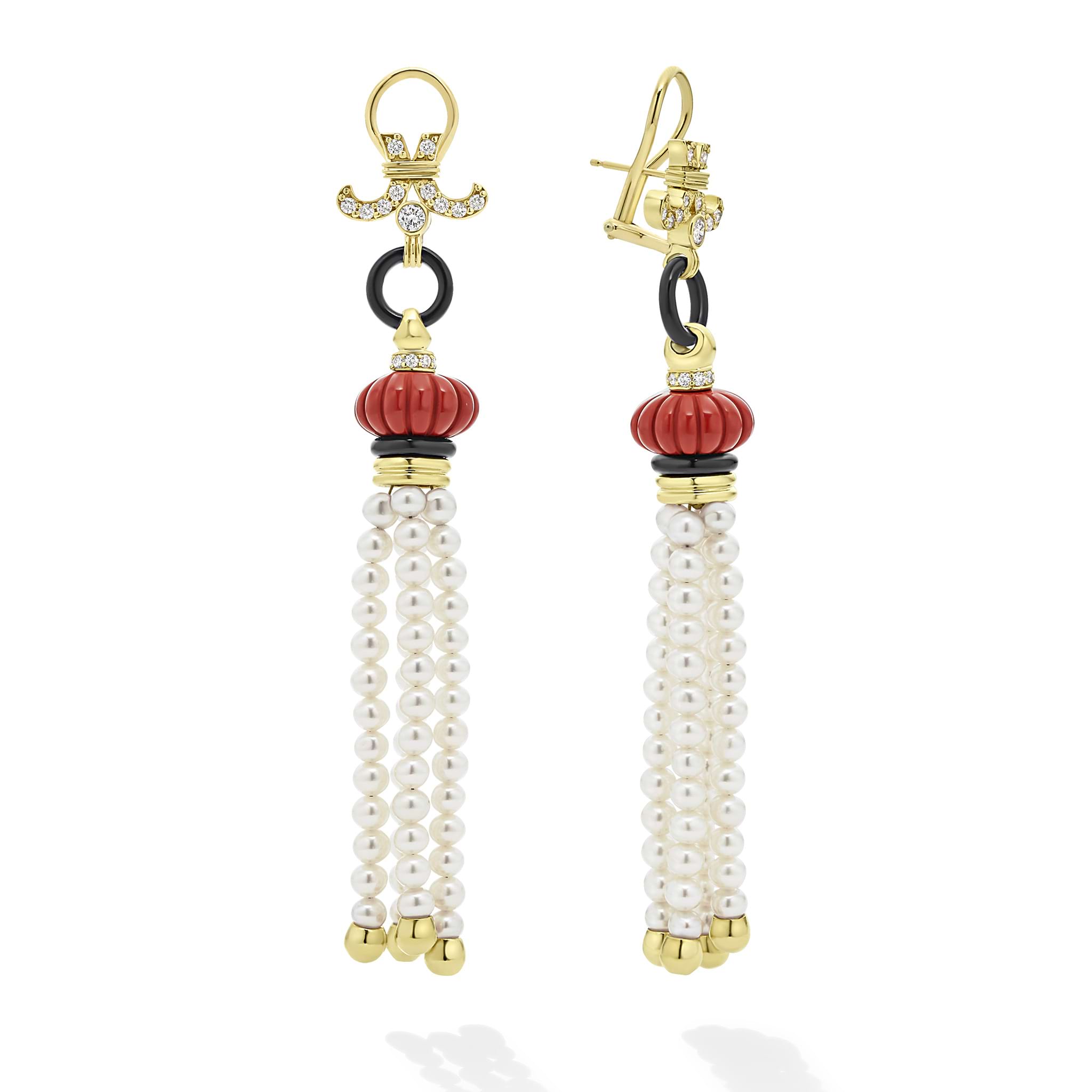 Pearl strands surrounded by 18K gold, red jasper and diamonds form these dramatic tassel earrings. LAGOS diamonds are the highest quality natural stones.