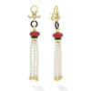 Pearl strands surrounded by 18K gold, red jasper and diamonds form these dramatic tassel earrings. LAGOS diamonds are the highest quality natural stones.