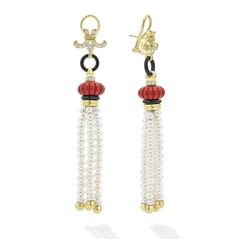 Pearl strands surrounded by 18K gold, red jasper and diamonds form these dramatic tassel earrings. LAGOS diamonds are the highest quality natural stones.