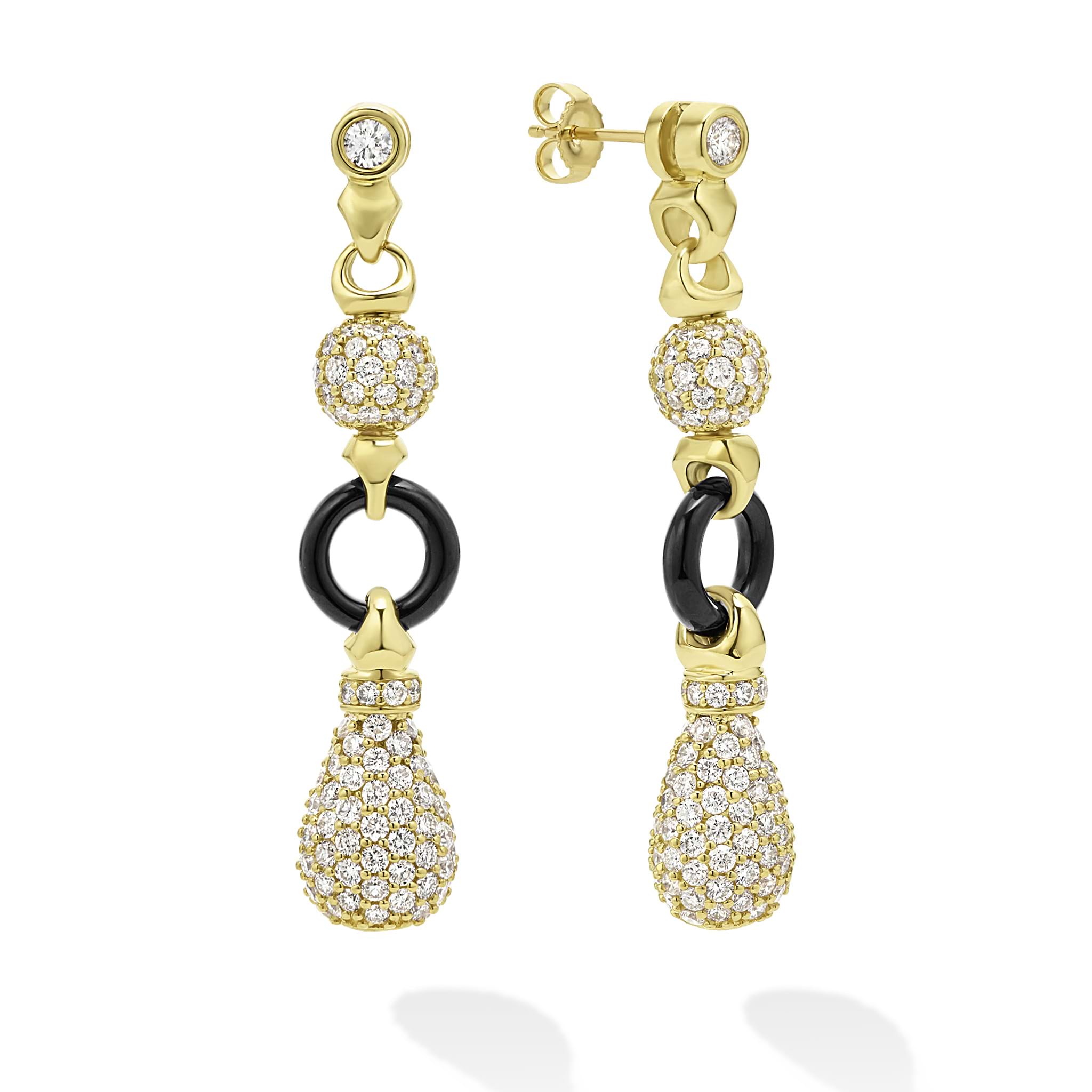 18k gold and pavé diamonds are expertly linked together with Black Agate circles to create the perfect drop earrings.