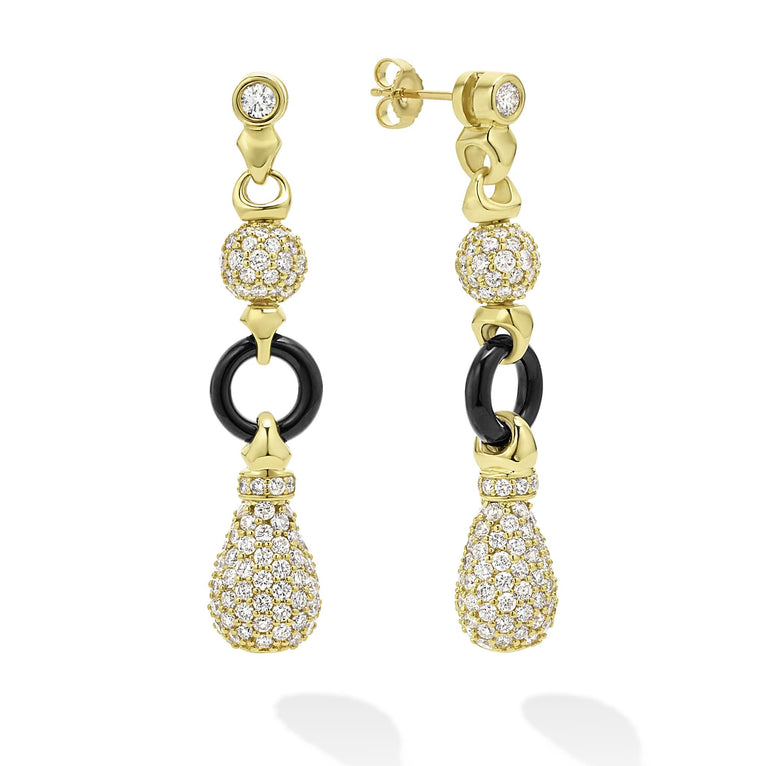 18k gold and pavé diamonds are expertly linked together with Black Agate circles to create the perfect drop earrings.