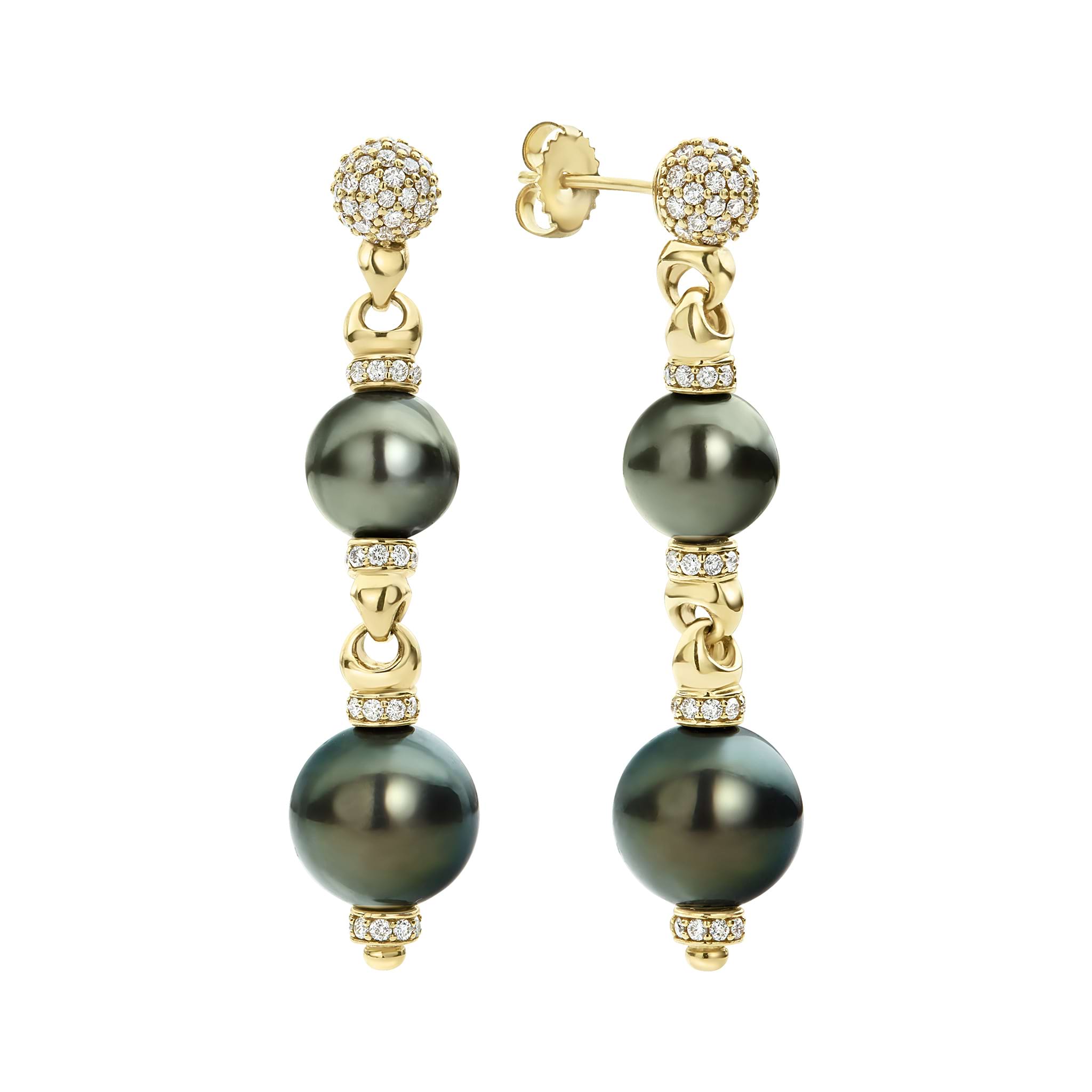 Suspended from a diamond Caviar beaded ball, each earring showcases two captivating black Tahitian pearls. These drop earrings combine the brilliance of diamonds with the iridescent glow of pearls.