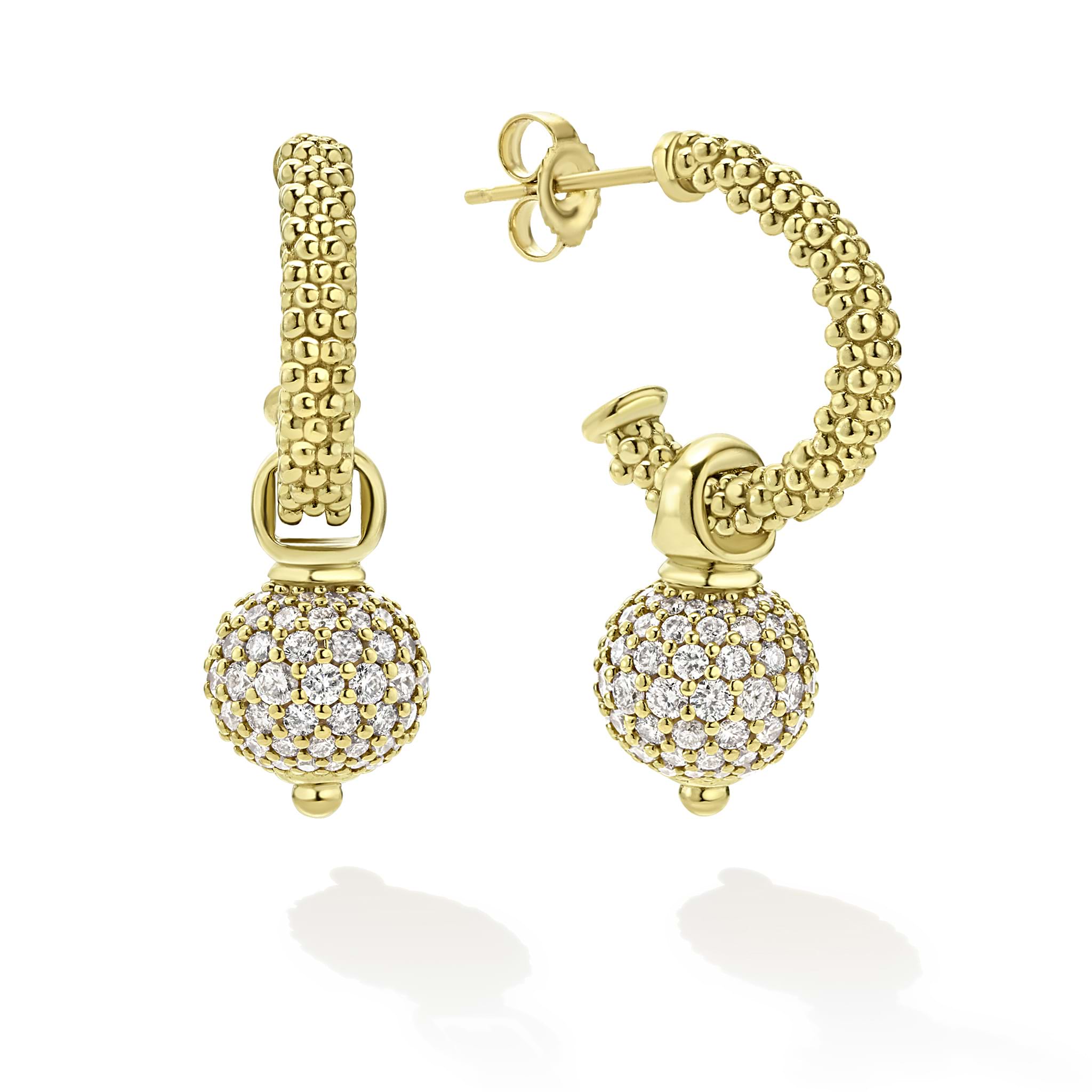 18k gold and pavé diamonds form these caviar hoop earrings, accented with dazzling diamond-encrusted charms.