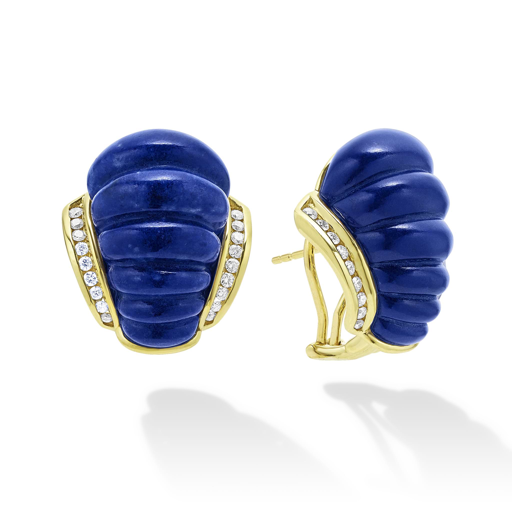 18K gold, diamonds and fluted lapis gemstones form these classic omega clip earrings. LAGOS diamonds are the highest quality natural stones.