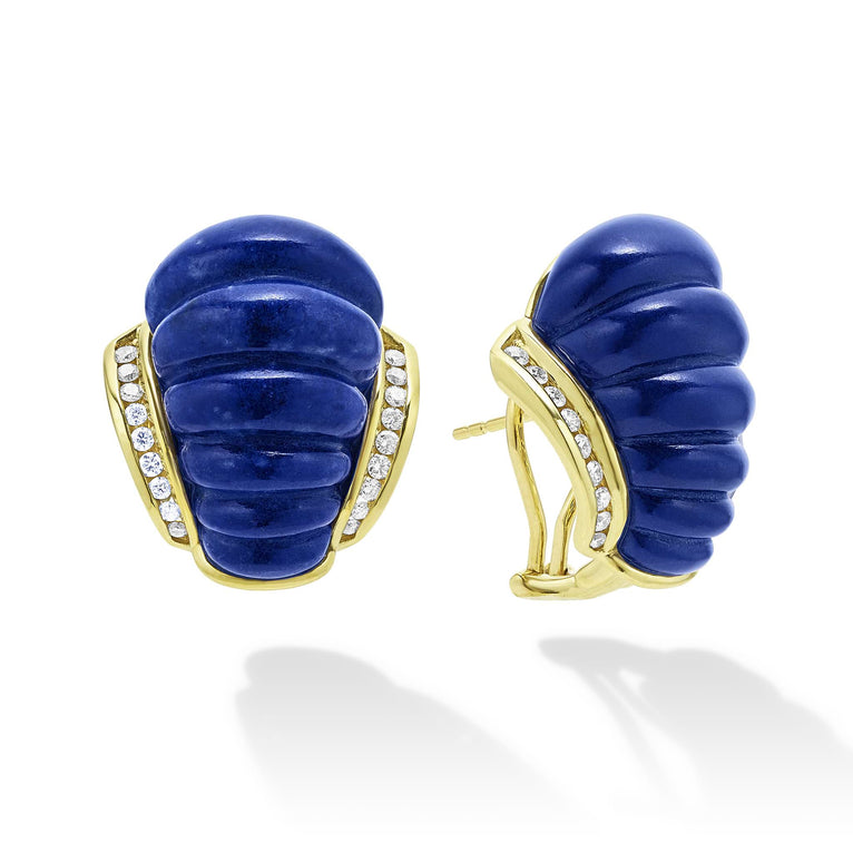 18K gold, diamonds and fluted lapis gemstones form these classic omega clip earrings. LAGOS diamonds are the highest quality natural stones.