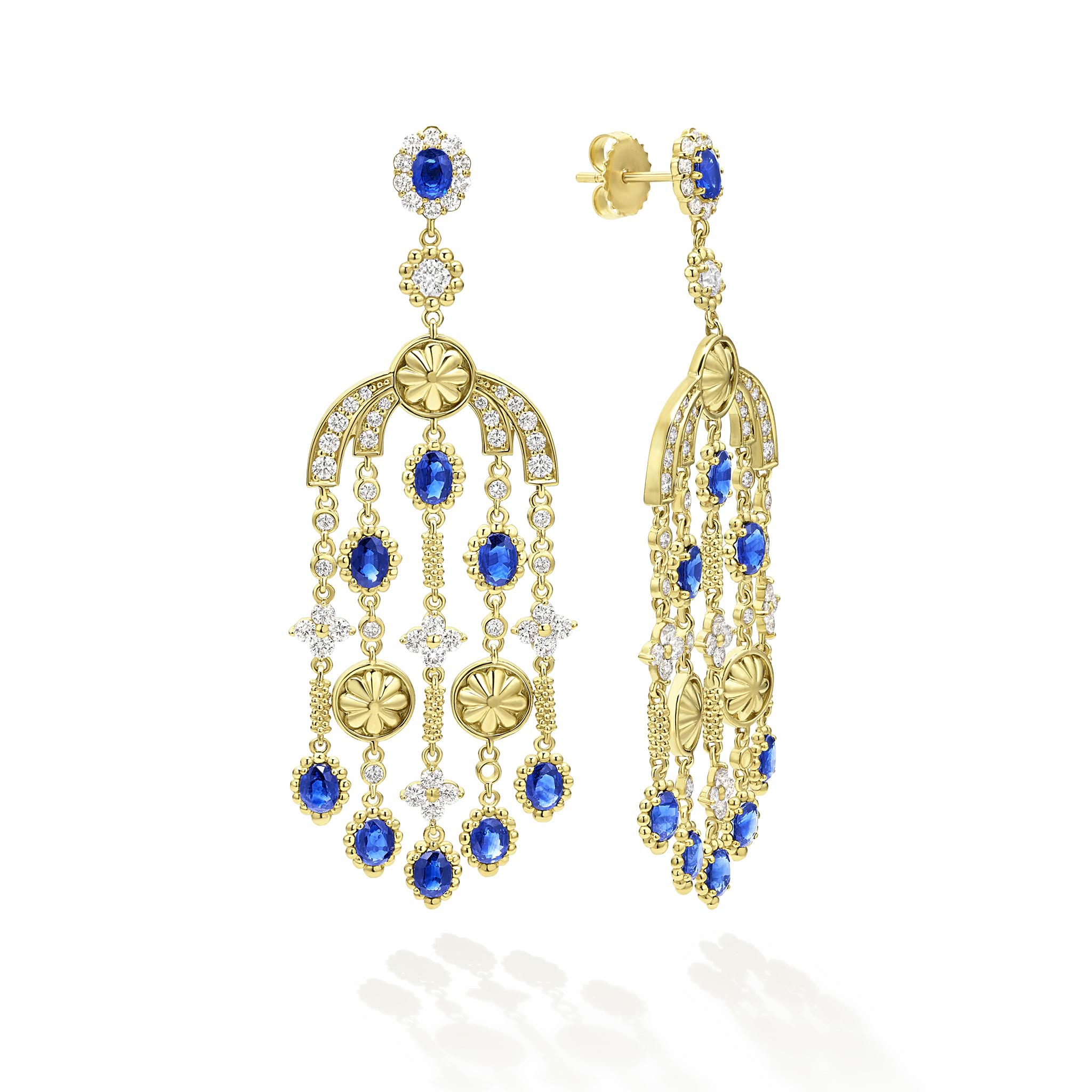 18K gold, diamonds and blue sapphire gemstones form these elaborate chandelier drop earrings. LAGOS diamonds are the highest quality natural stones.