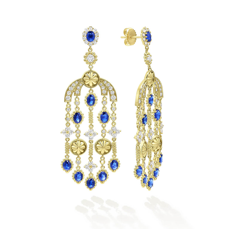 18K gold, diamonds and blue sapphire gemstones form these elaborate chandelier drop earrings. LAGOS diamonds are the highest quality natural stones.