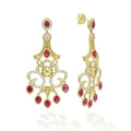 18K gold, diamond and ruby gemstones form these elaborate chandelier drop earrings. LAGOS diamonds are the highest quality natural stones.