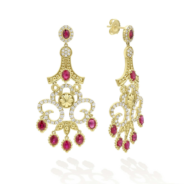 18K gold, diamond and ruby gemstones form these elaborate chandelier drop earrings. LAGOS diamonds are the highest quality natural stones.
