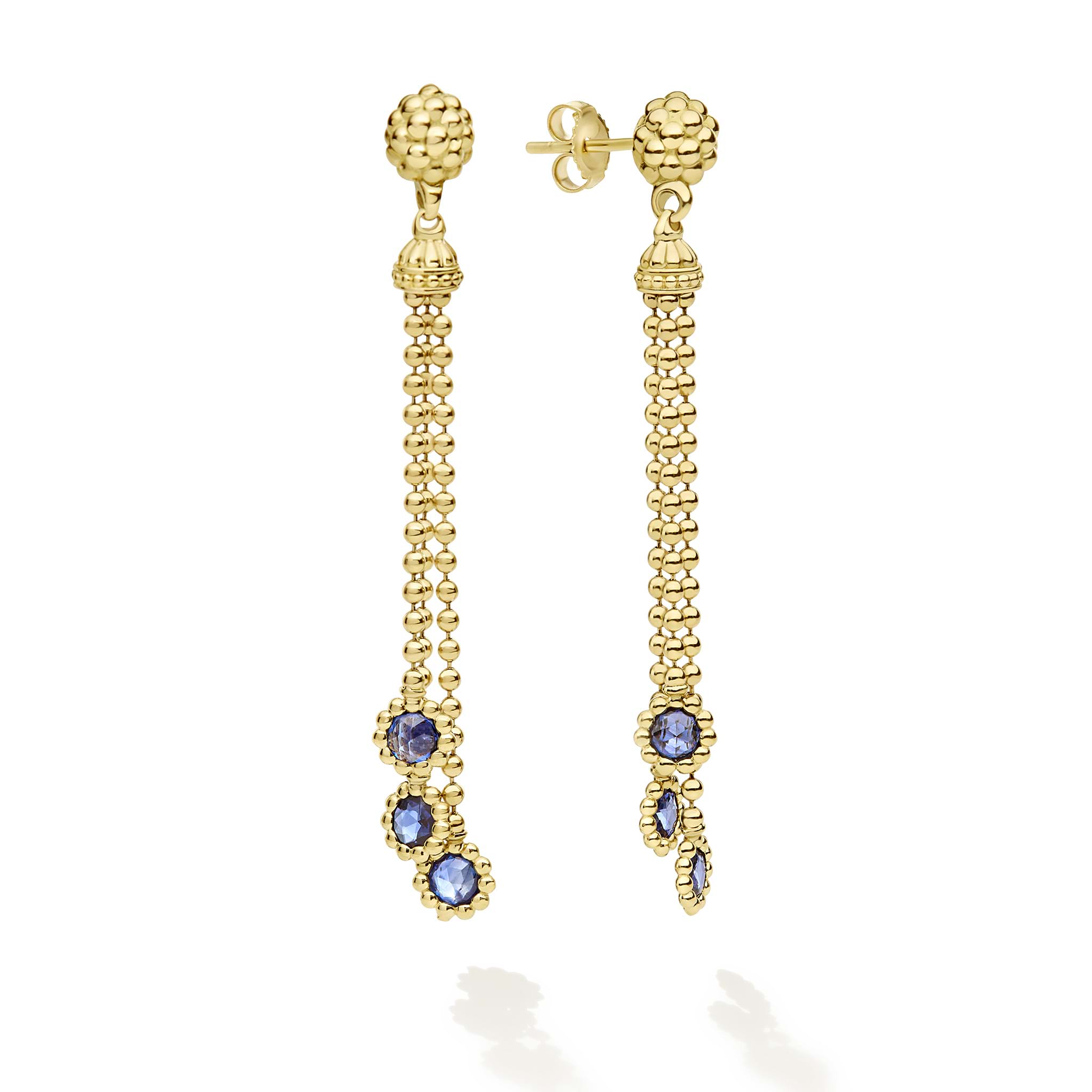 A LAGOS exclusive. Blue sapphires, emeralds and diamonds with 18K gold forms this statement necklace. A flourish of round, pear and marquise gemstones cuts. Necklace is 18 inches. LAGOS diamonds are the highest quality natural stones.