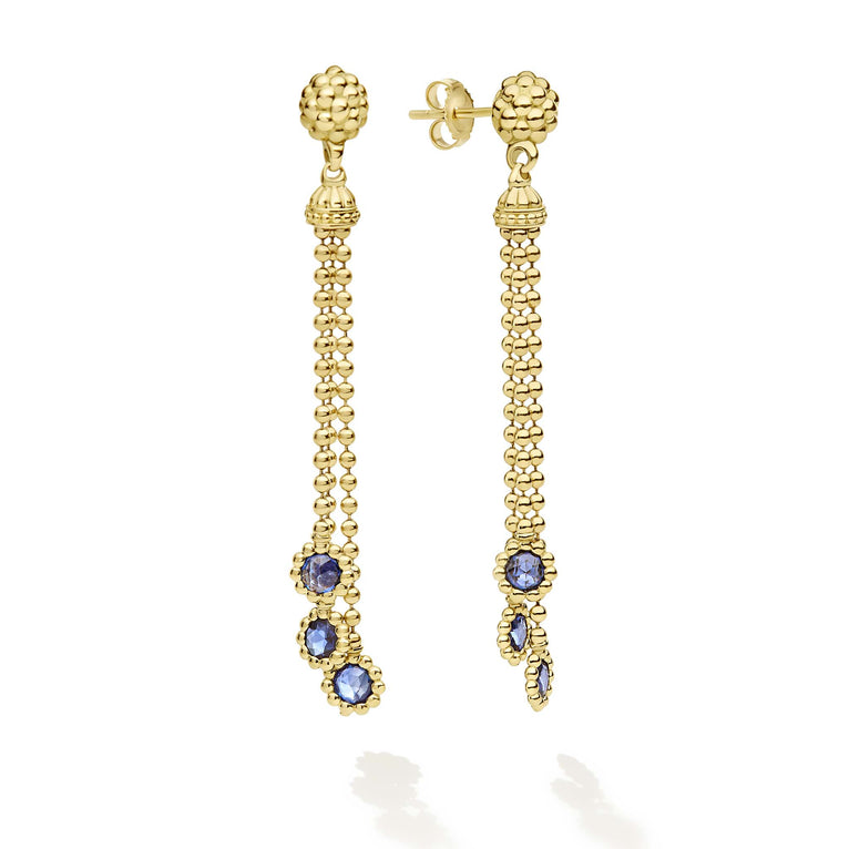 A LAGOS exclusive. Blue sapphires, emeralds and diamonds with 18K gold forms this statement necklace. A flourish of round, pear and marquise gemstones cuts. Necklace is 18 inches. LAGOS diamonds are the highest quality natural stones.