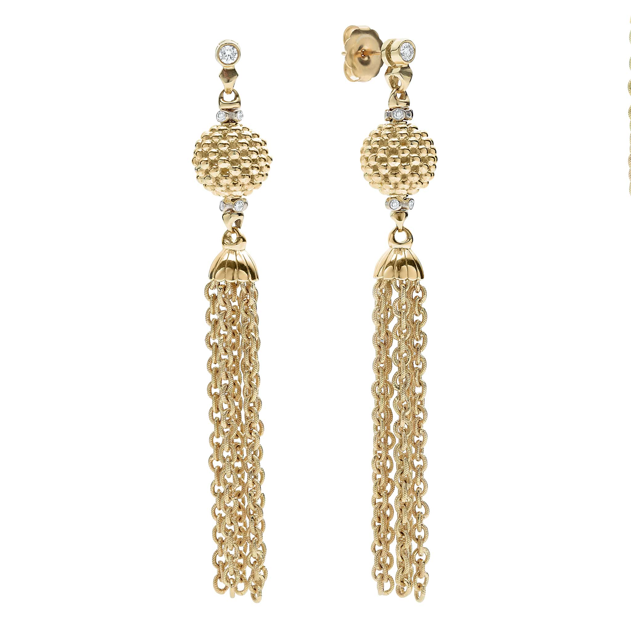 Sophisticated tassel drop earrings with 18k gold Caviar beading and diamonds. LAGOS diamonds are the highest quality natural stones.