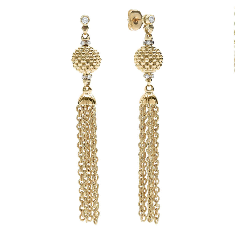 Sophisticated tassel drop earrings with 18k gold Caviar beading and diamonds. LAGOS diamonds are the highest quality natural stones.