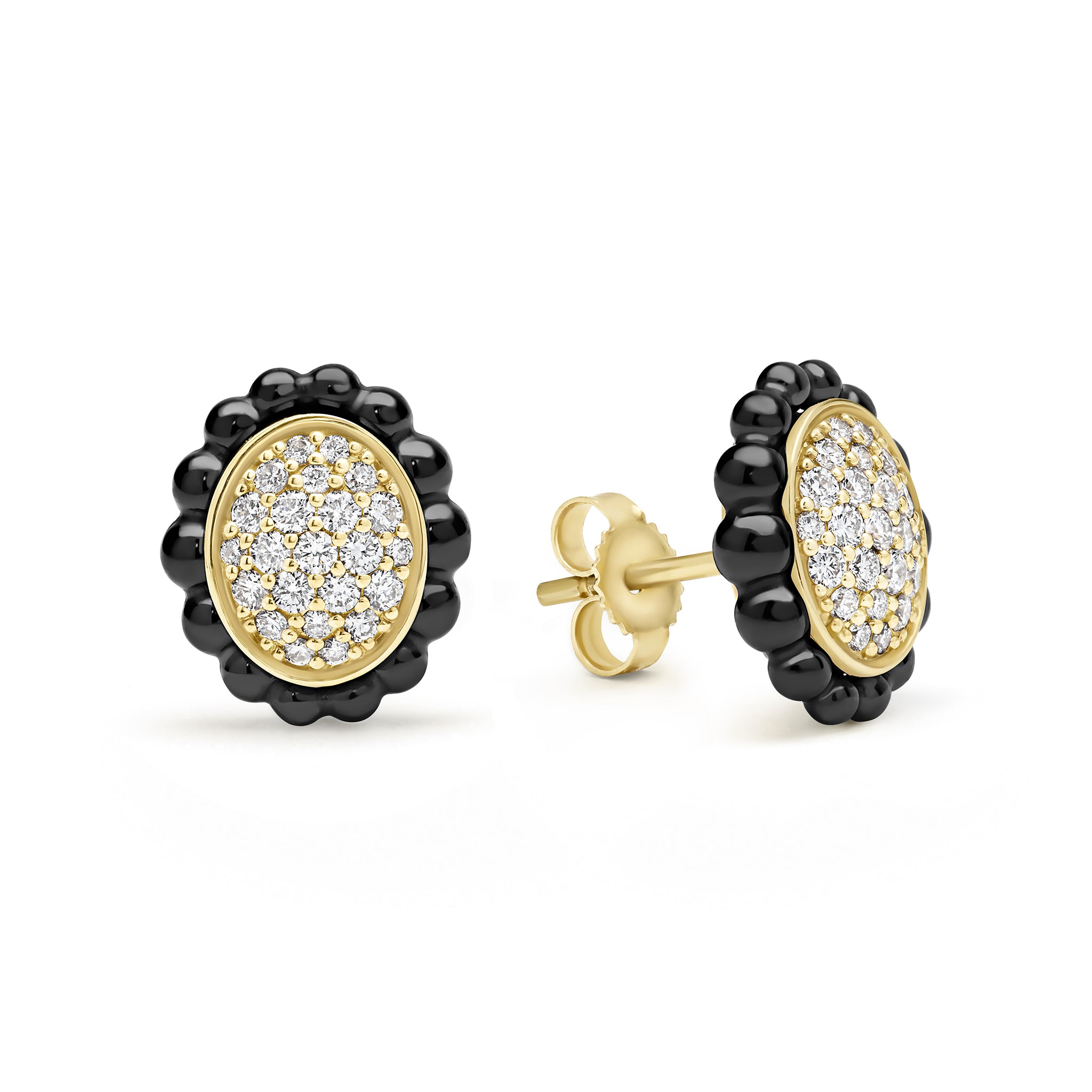 Caviar Gold 18K Gold and Black Ceramic Diamond Oval Stud Earrings