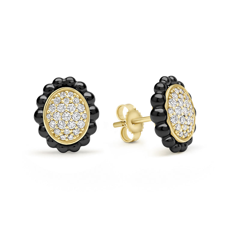 Caviar Gold 18K Gold and Black Ceramic Diamond Oval Stud Earrings