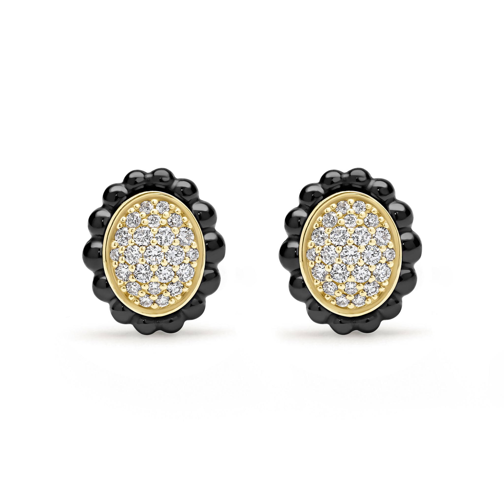 Caviar Gold 18K Gold and Black Ceramic Diamond Oval Stud Earrings