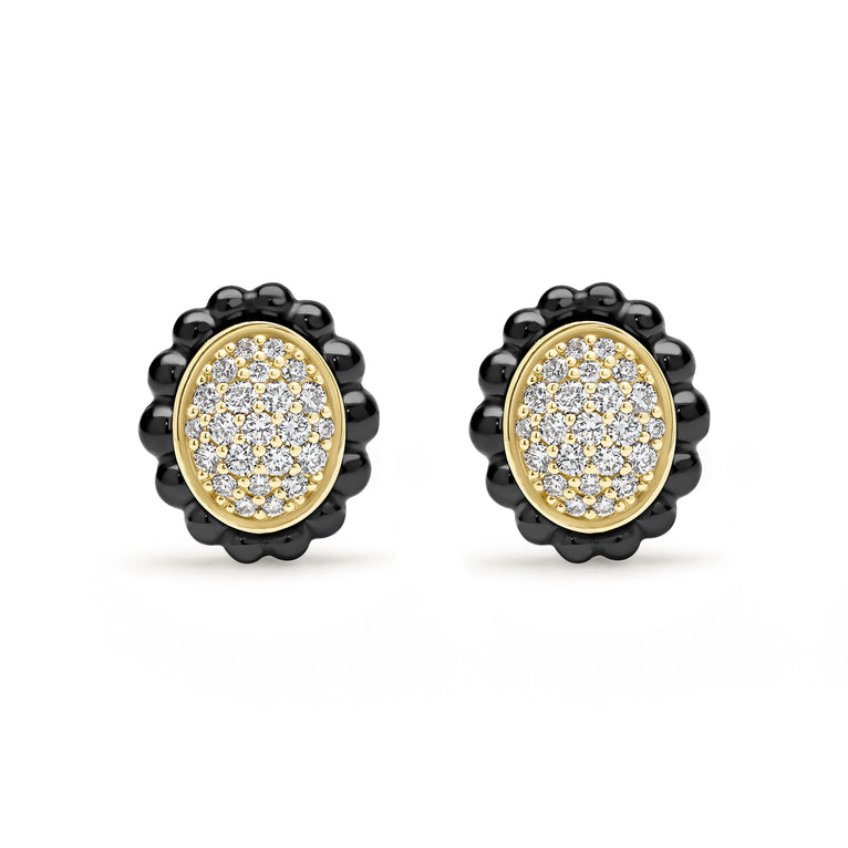 Caviar Gold 18K Gold and Black Ceramic Diamond Oval Stud Earrings